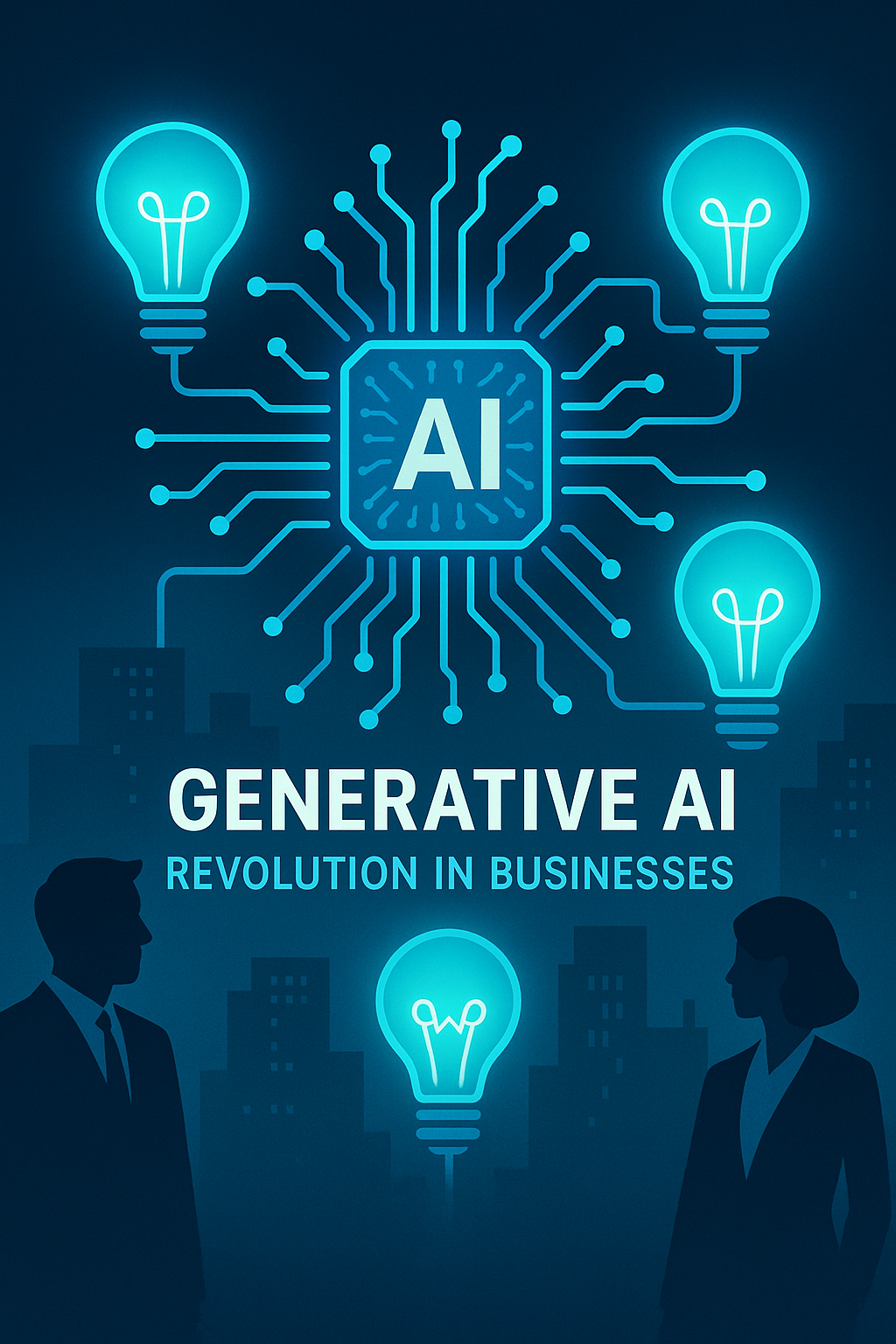 En el centro, un icono de chip con “AI” irradia líneas de circuito hacia múltiples bombillas, simbolizando ideas generadas por IA.
