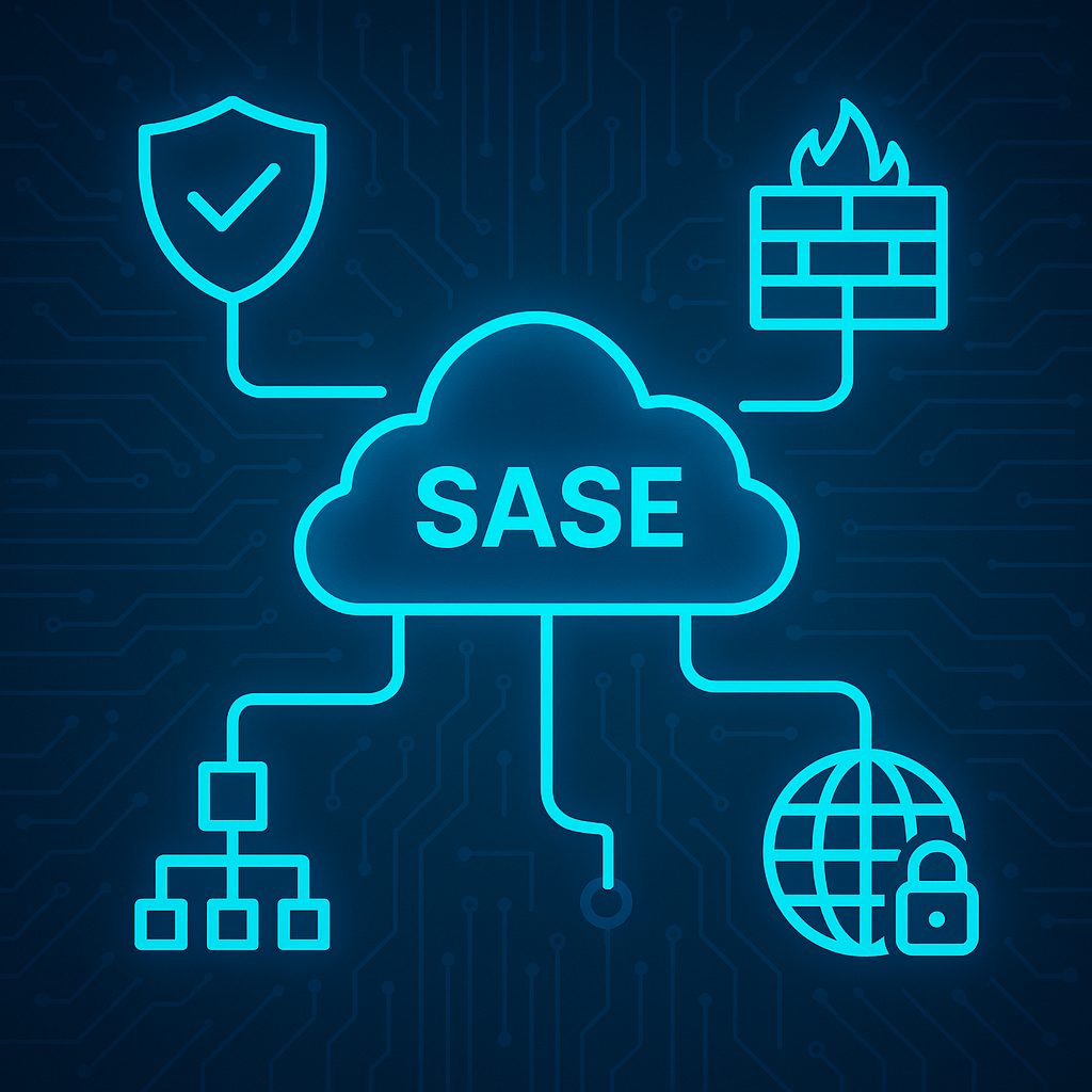 El icono central es una nube con “SASE”, representando la arquitectura cloud-native