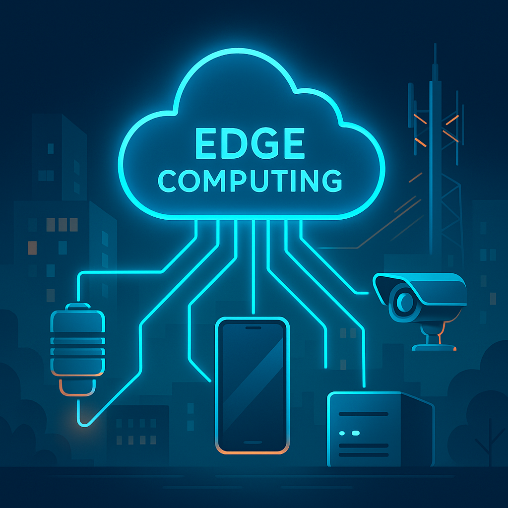 Un icono de nube iluminada con el texto “EDGE COMPUTING” en el centro
